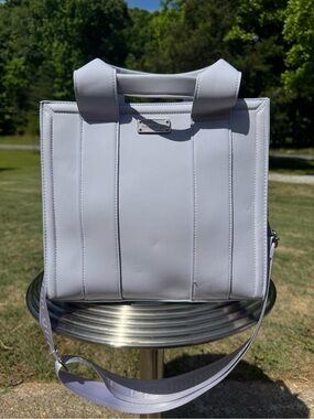 Madden Girl light blue/light purple Tote with Logo Plaque and Adjustable Strap